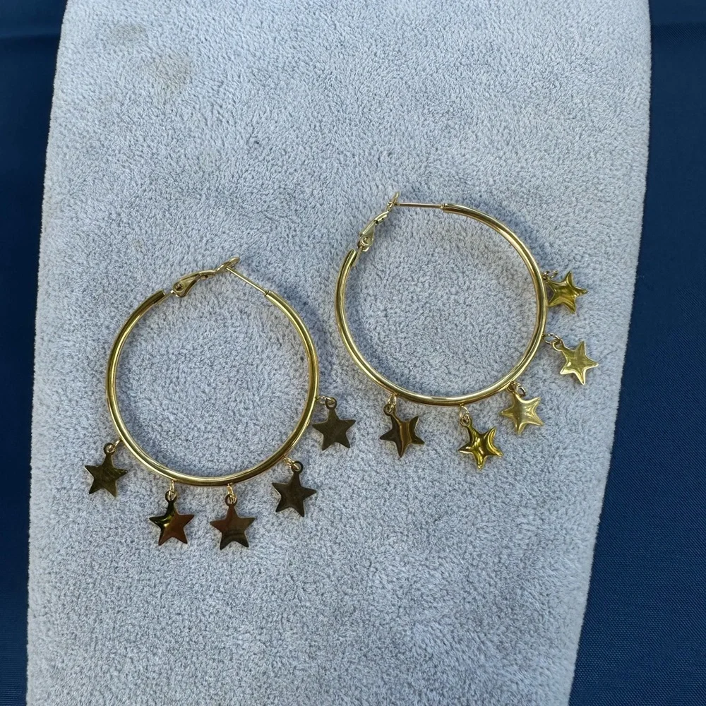 New Stainless Steel Gold Star Hoop Earrings - Picture 3 of 11